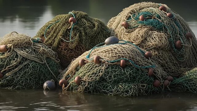 Detailed Pile of Fishing Nets with Brown Buoys in Calm Water