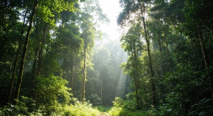 Obraz premium Lush sunlight filters through towering green trees in a dense forest