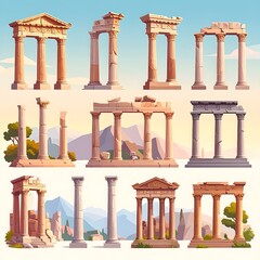 Cartoonish rendering of nine ancient stone ruins of pillars and archways against landscape backgrounds