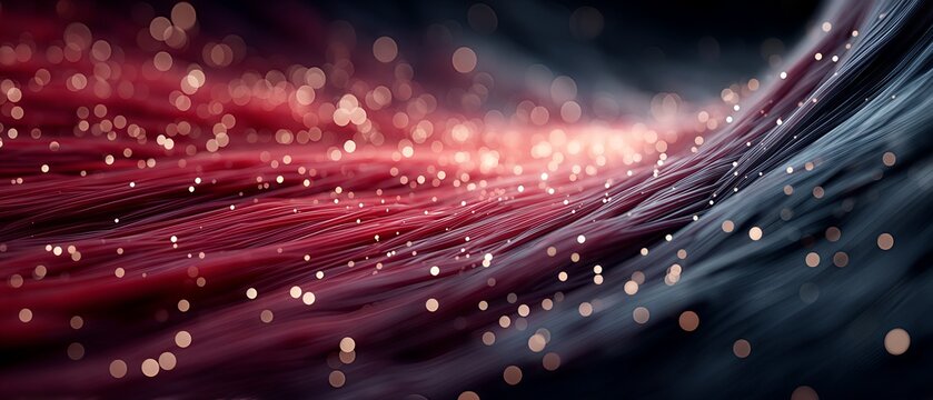 Abstract glowing red and blue fiber lines background with golden particles bokeh. High tech fiber optic data transmission or biological muscle nerve tissue concept. Macro 3D render wallpaper.