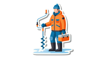 Man In Orange Winter Jacket And Blue Beanie Holding Ice Fishing Auger Preparing To Drill Hole In Frozen Lake With Toolbox Attached To His Side In A Cold Outdoor Environment