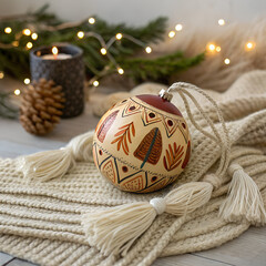 &ldquo;Hand-painted boho ceramic baubles with tassels and macram&eacute;, warm earthy color palette, lifestyle shot on woven blanket, cozy holiday atmosphere.&rdquo;
