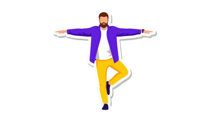Fototapeta premium Man in Purple Shirt and Yellow Pants Balancing on One Leg with Arms Outstretched Against a Black Background