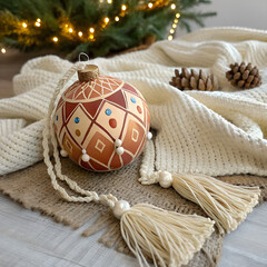 &ldquo;Hand-painted boho ceramic baubles with tassels and macram&eacute;, warm earthy color palette, lifestyle shot on woven blanket, cozy holiday atmosphere.&rdquo;
