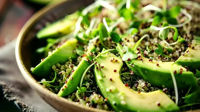 A closeup of a bowl of quinoa salad with avocado slices and sprouts. The quinoa is a light green color with visible grains and seeds, and the avocado slices are a vibrant green.