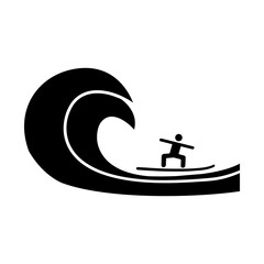 Surfer Riding Ocean Wave Icon Representing Extreme Water Sports, Adventure, and Active Lifestyle for Outdoor and Travel Design
