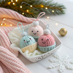 &ldquo;Handmade knitted mini-baubles in pastel yarns, shallow focus, styled on baby blanket, cozy newborn holiday photoshoot prop.&rdquo;
