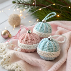 &ldquo;Handmade knitted mini-baubles in pastel yarns, shallow focus, styled on baby blanket, cozy newborn holiday photoshoot prop.&rdquo;
