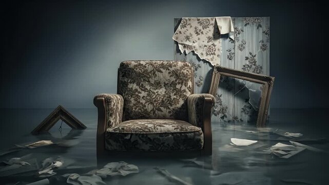 Dilapidated Armchair in Flooded Room with Pixelated Water and Torn Wallpaper in Dark Ambiance