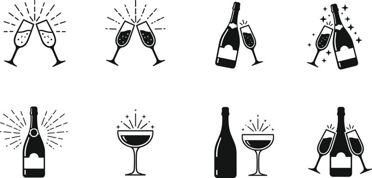 Champagne Toast and Celebration Vector Icon Set, New Year Party Flute and Bottle Black Graphic, Event Alcohol Drink Symbol