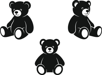 Set of three cute black teddy bear silhouettes, sitting plush toy icons, nursery animal decoration, monochrome stencil design art, cad drawing flat vector illustration