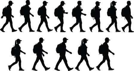 Set of walking people silhouettes with backpacks, side view vector students and travelers isolated on white for architectural visualization projects.