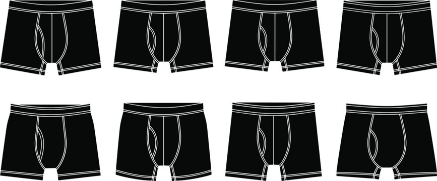 Set of men's black boxer briefs underwear, technical fashion flat sketch template, clothing design mockup, isolated cad drawing flat vector illustration
