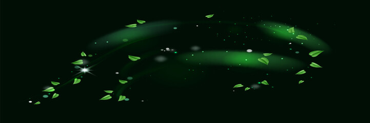 Green shiny line spiral spring wind effect with dust particles and leaves particles on black background. Concept of freshness, growth, spring, summer and ecology.