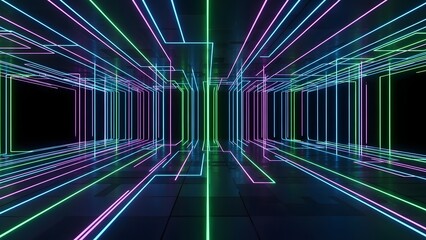 Abstract digital tunnel with vibrant neon lines creating a futuristic perspective effect