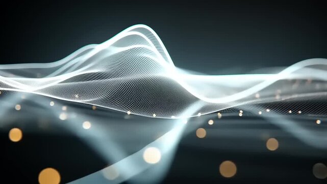 Abstract data landscape animation with particle grid and glowing light streaks digital world