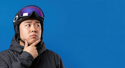 Thoughtful young Asian man in ski helmet and goggles pondering a decision against a vibrant blue background.
