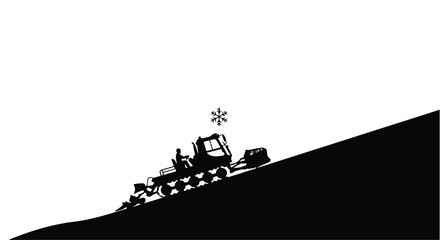 Obraz premium Silhouette of a snow groomer vehicle operating on a snowy slope under a clear sky.