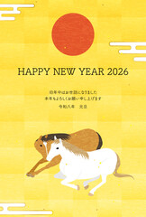 2026年午年の年賀状、顔を寄せ合う二頭の馬と初日の出