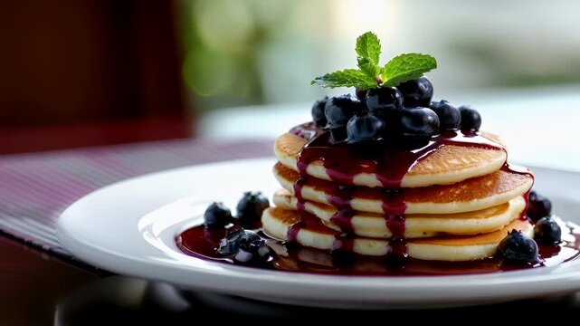 A closeup of a stack of pancakes topped with blueberries and syrup. The pancakes are golden brown with a glossy blueberry sauce drizzled over them. The syrup is a deep purple color.