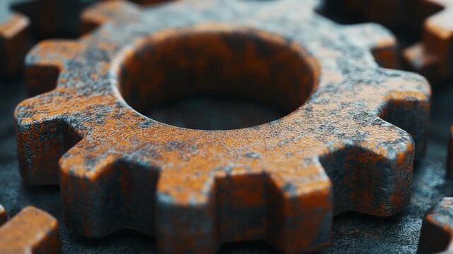 Close-up of a rusty gear showcasing detailed texture and industrial background