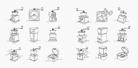Set of hand-drawn coffee grinders in various styles, illustrating different designs of manual coffee mills for brewing.