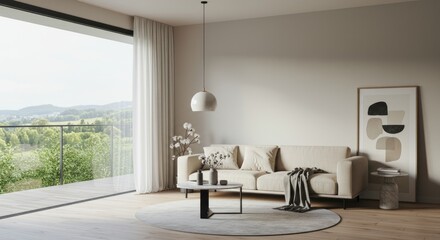 Fototapeta premium Modern living room interior with sofa artwork and panoramic window view