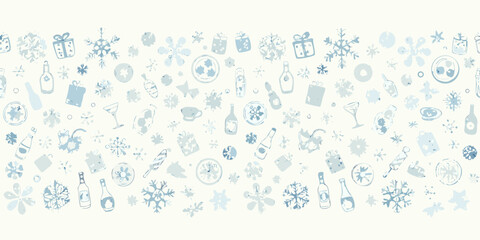 A festive seamless pattern of winter holiday icons in pale blue tones