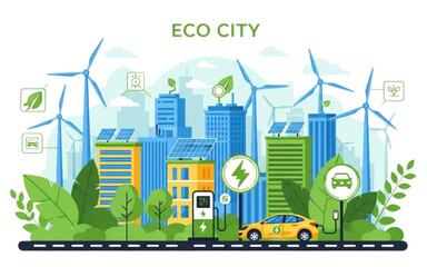 Obraz premium Eco-Friendly Sustainable City – Renewable Energy, Electric Cars and Green Urban Environment Vector Illustration