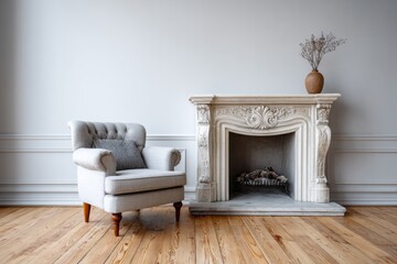 Fototapeta premium Elegant armchair and ornate fireplace create a cozy room setting.