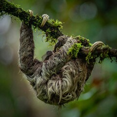 Naklejka premium Three-toed sloth hanging upside down from a moss-covered branch in a lush rainforest canopy.