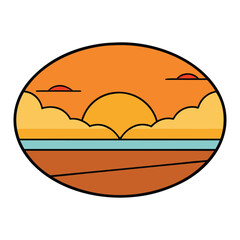 A warm sunset glows across the horizon, painting the sky in deep orange and golden tones. Soft clouds drift through the light, creating a peaceful, dreamy evening atmosphere.
