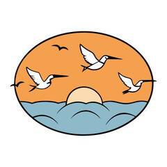 A graceful flock of birds soars across the glowing sunset sky, their silhouettes gliding in harmony as warm golden and orange hues paint a peaceful, dreamy horizon.
