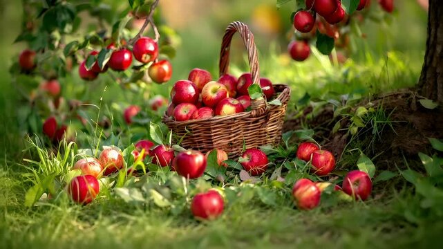 A closeup of a basket filled with red apples on a grassy field. The apples are in various stages of ripeness, with some still in the process of being picked.