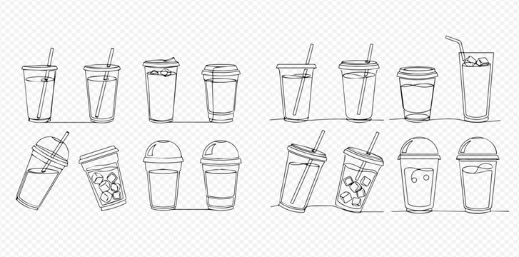 Set of hand-drawn plastic and paper cups with lids and straws for various beverages.