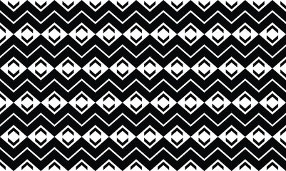 Seamless Black and White Zigzag Chevron Pattern with Tribal Diamond Motifs, Monochrome Vector Background for Textiles and Interior Design