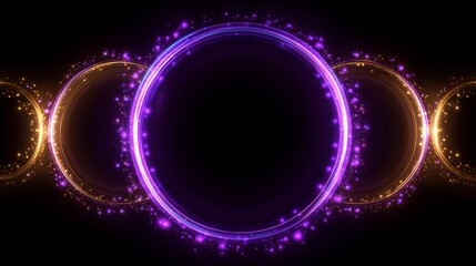 Glowing circular rings with purple and gold light effects on a dark background