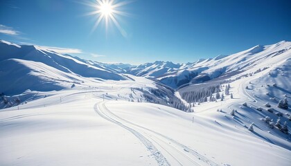 Snow-covered slopes with ski tracks winding down ,  scenery,  nature