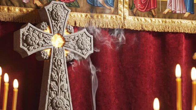 Armenian Christmas banner with glowing khachkar cross and warm red gold candlelit background