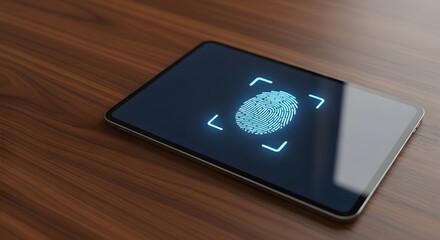 Digital thumbprint glowing on a tablet screen for secure biometric authentication concept, symbolizing data privacy and access control.