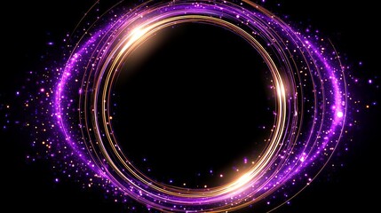 Glowing purple and gold circular rings with sparkling particles on a black background