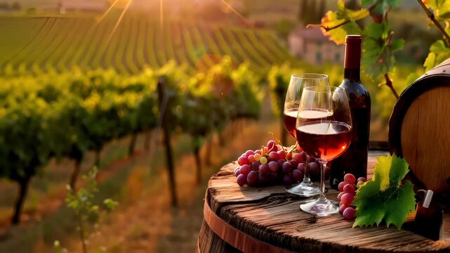 wine barrel and grapes in vineyard during sunsetwine barrel with grape leaves and wine glasswine bottle and glass set against vineyard backdropwine glasses with red wine and grapeswine glassesgrapes.