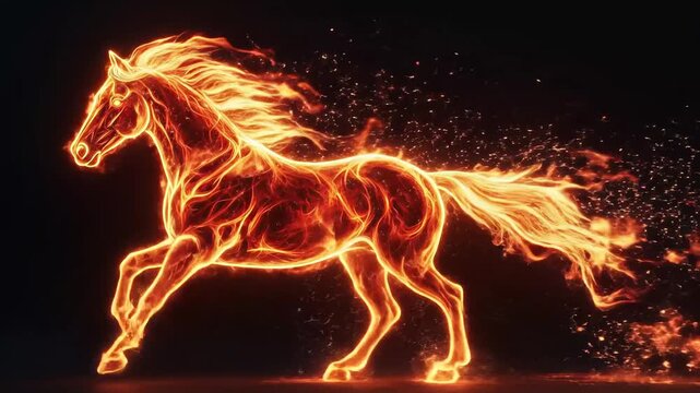 Abstract digital art of a majestic fiery horse running with glowing orange flames on a black background for power concept and mystical energy