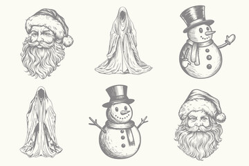 Ghost, snowman, santa illustration in engraving style. Set of vintage retro Halloween elements. Eps 10