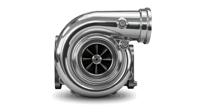 Chrome turbocharger viewed headon with visible compressor wheel on white background