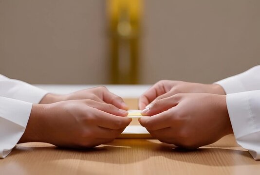 Hands holding communion wafer in church setting