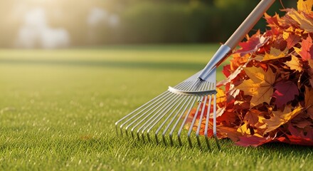 A gardening rake sitting next to a vibrant pile of autumn leaves on green grass, representing seasonal yard work concept