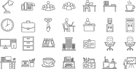 Office icon set with desk, computer, chair, employee, coffee, documents, podium, presentation, supplies, and workplace elements