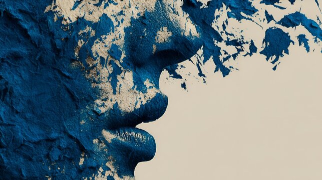 Blue textured human face abstractly dissolves into fragments against a clean blank background creating a surreal and artistic portrait effect.