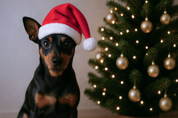 Tiny dog wearing a red Santa hat beside a Christmas tree with golden ornaments and sparkling lights. Festive pet portrait for holiday card.